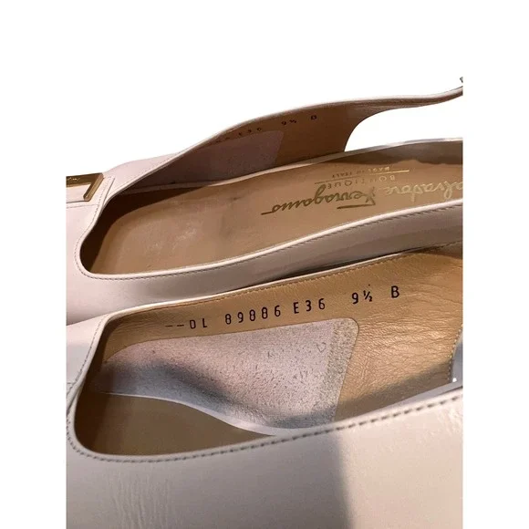 Salvatore Ferragamo White Leather Slingback Heels Gold Buckle Women's Size 9.5 B - Picture 13 of 15